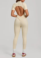 Conjunto De Yoga Para Mujer: Mono Deportivo Con Cremallera, Manga Corta, Secado Rápido, Body Deportivo, Ropa De Yoga, Traje De Gimnasio Push-Up